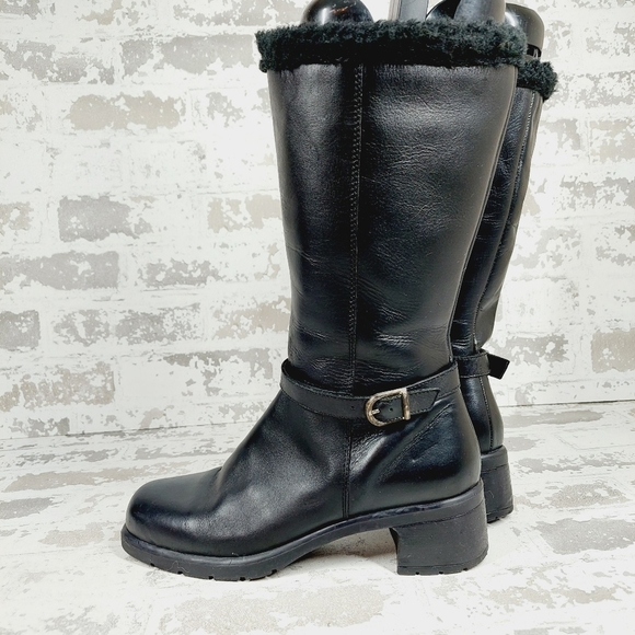 Boutique Black Leather Fur Trim Buckle Ankle Strap Block Heel Winter Boots D357 - Picture 4 of 13